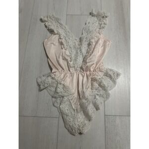 Vintage Delicates Antron Nylon Teddy Sz M - Pink / White Lace